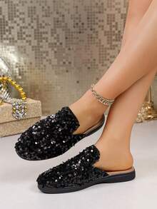 Women's Fashionable Versatile Sequin Flat Loafers - Black - View 3