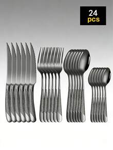 4/24/32pcs Stainless Steel Cutlery Set, Premium Cutlery Set Knives Spoons Forks, Reusable Tableware Set, Flatware Set For Daily Use, For Home Kitchen, Restaurant, Hotel, Banquet, Party, Weddings, Housewarming, Holiday, Kitchen Accessories, Festival Gifts - Black - View 6