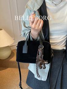 Matte Finish Tote Bag With Large Capacity, Fashionable Ladies' Handbag With Pendant - Black - View 5