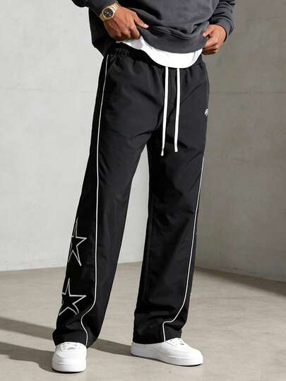 Quần dài ống đứng nam kiểu dáng thường ngày, thêu hình ngôi sao năm cánh và chữ cái.