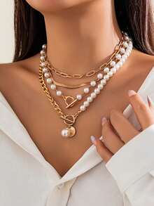 1 Set Baroque Asymmetrical Pearl Necklace, Creative Chain Choker Necklace For Women - Gold - View 2