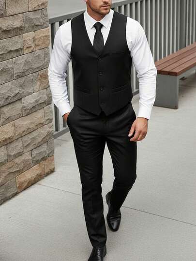 WindsorQuad Furuyal Men's 3-Piece Suit, Elegant Solid Color Slim Fit Gentleman's Outfit Including Vest, Trousers And Tie, Suitable For Business, Wedding, Party, Prom, Black, Size XS-3XL