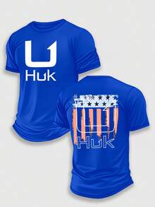 (220 Pieces Of Pure Cotton T-Shirts) HUK PATRIOT HOOK Fishing Performance T-Shirt, Moisture Wicking Quick Dry Tee, High-Quality Graphic Printed Outdoor Sportswear, Men's Short Sleeve Shirt, American Flag Hook Art, Fishing Lifestyle, Holiday Gift, Performance Gear, Lightweight Breathable, Camisetas Para Hombre, Men Vacation Outfits, Urban Outdoor Style - 藍色 - 查看 1