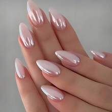 24pcs Valentine's Day Hook Press On Nails, Silver White Iridescent Mirror Electroplated, Luxury Elegant Nails Women Daily & Party Wear, Nail Art Supplies - DD-1424 - Xem 2