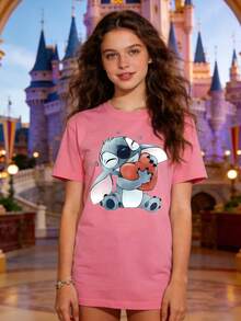 Disney Authorized Women's Casual Short Sleeve T-Shirt, Lilo & Stitch Heart Hug Print, Cute Healing Style, Breathable Comfortable Fabric, Machine Washable, All-Match For Multiple Scenarios - 粉色 - 查看 1