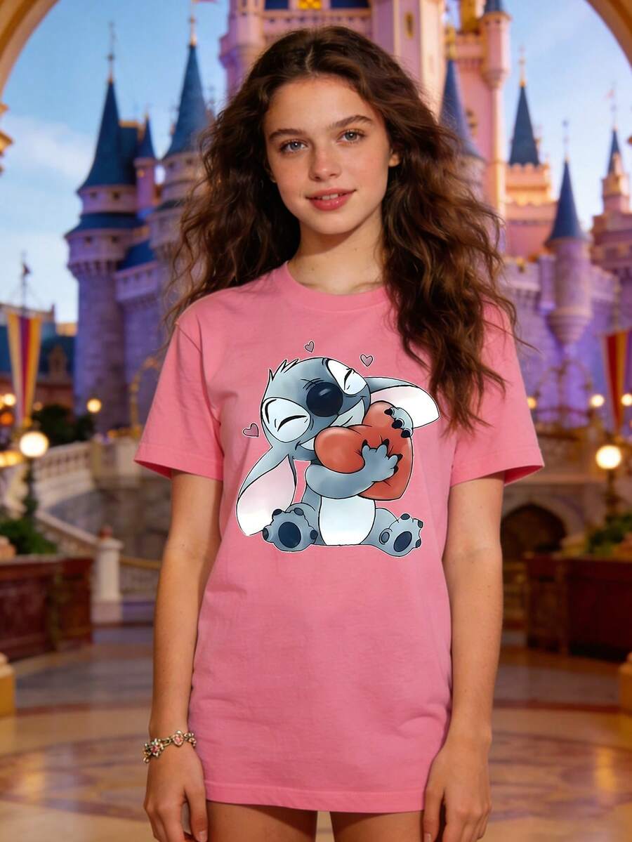 Disney Authorized Women's Casual Short Sleeve T-Shirt, Lilo & Stitch Heart Hug Print, Cute Healing Style, Breathable Comfortable Fabric, Machine Washable, All-Match For Multiple Scenarios - 粉色 - 查看 1