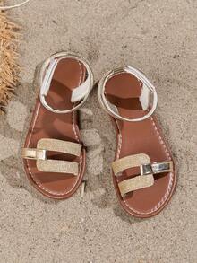 A Pair Of Golden Gretel Children's Sandals Is Perfect For Summer Wear. Roman-Style Sandals, Bohemian-Style Sandals. Girls' Beach Sandals, Girls' Sandals, Children's Hook And Loop Sandals, Beach Shoes And Children's Shoes. - Rose Gold - View 2