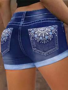 Plus-Size Women's High-Waist Shorts With Delicate Embroidered Patterns On The Back Pockets, Vintage Dark Blue Plus-Size Women's High-Waist Denim Shorts - 藏青色 - 查看 3
