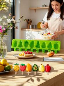 1pc 8-Cavity Fruit & Animal Shaped Ice Cream Mold, DIY Ice Cream Mold, Comes With Lid And 50pcs Wooden Sticks - Multicolor - View 3