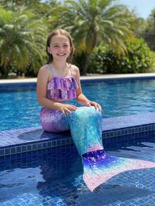 Children Girls Tankini Swimsuit 3 Piece Mermaid Bathing Suit Kids Ruffle Top With Shorts Fish Tail Bikini Set Swimwear 1-14Y - H - 查看 2