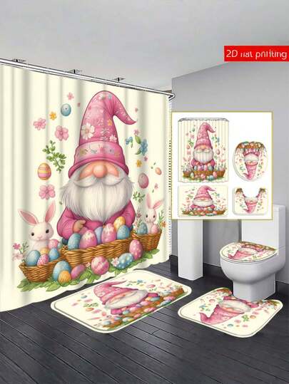4-Piece Bathroom Shower Curtain Set 72x72 Inches, Waterproof, Mildew Proof, Thickened Fast Drying Polyester, Pink Easter Gnome With Rabbit And Egg Print, Including Shower Pad U-Shaped Pad Toilet Lid And 12 Free Hooks, Suitable For Family Apartment Dormitories [Easter Shower Curtain]