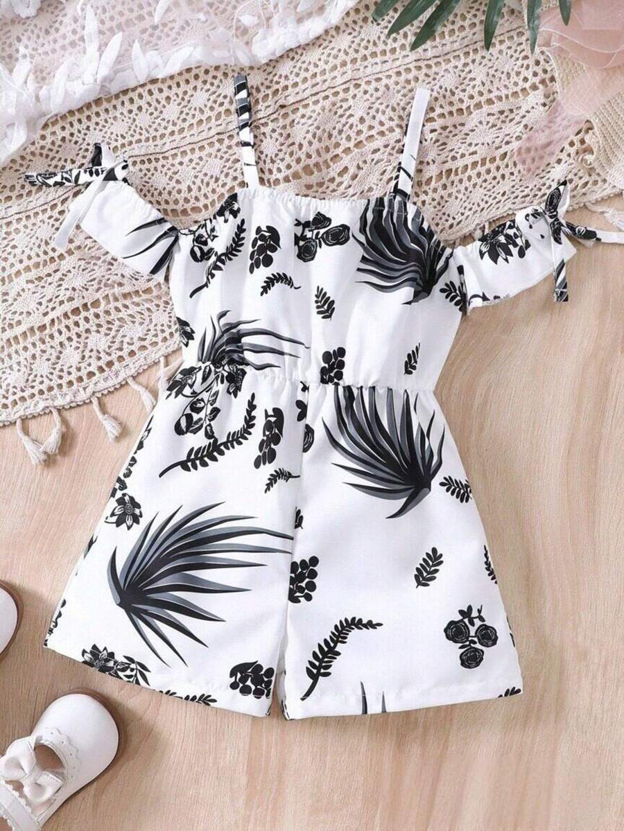 Bộ áo liền quần trễ vai thời trang cho bé gái, họa tiết thực vật đen trắng, thiết kế eo thon, thích hợp cho mùa hè. - màu đen - Xem 1