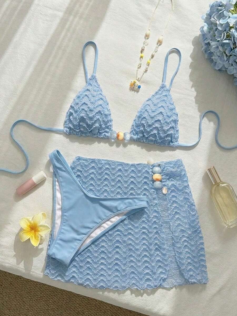 Bikinx 3pcs/Set Women Wavy Pattern Sexy Halter Bikini Swimsuit With Beach Dress, Vacation Swimwear Set - Dusty Blue - View 1