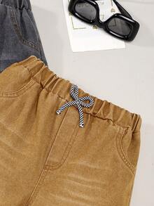 男童浅蓝色和中蓝色水洗牛仔短裤三件套，儿童休闲弹力腰及膝裤，夏季 - 卡其色 - 查看 3