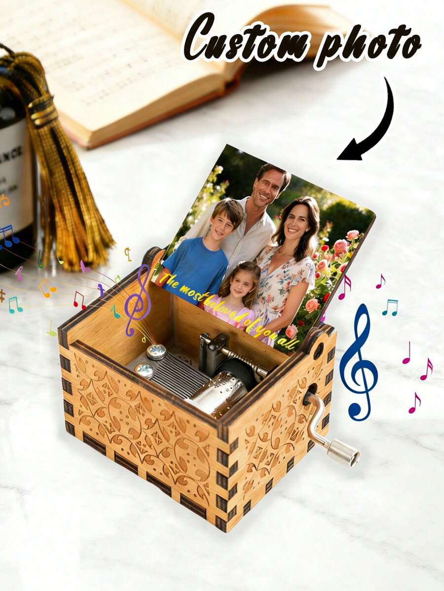 Customized Photo Music Box, Vintage Hand-Crank Music Box, 2 Song Options, Suitable As Gift For Family And Friends, Perfect For Birthday, New Year Celebration, Party Commemoration, Thanksgiving Gift And Home Decor, Anniversary Keepsake - Multicolor - View 1