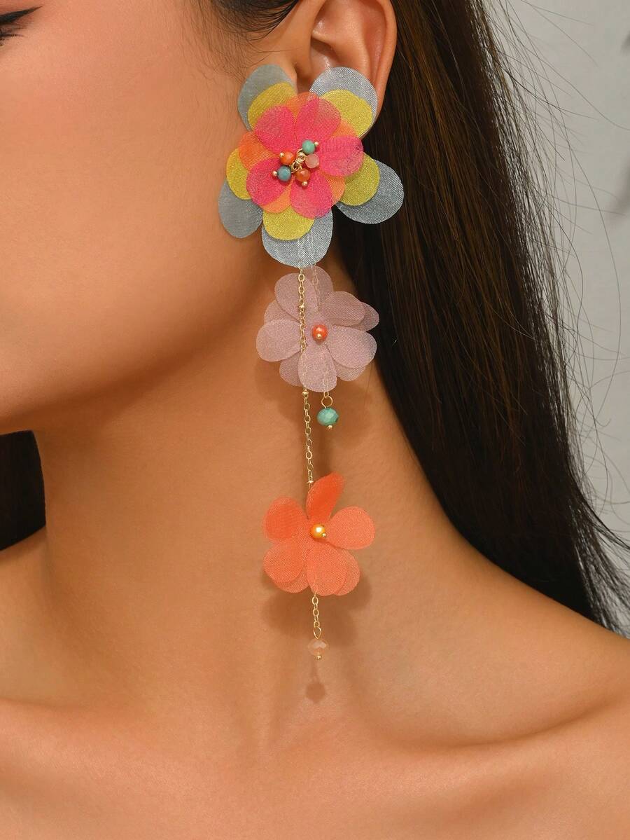 1 Pair Women's Elegant Fabric Flower Long Earrings, Suitable For Daily Wear (Flower Bead Color Random) - Color - View 1