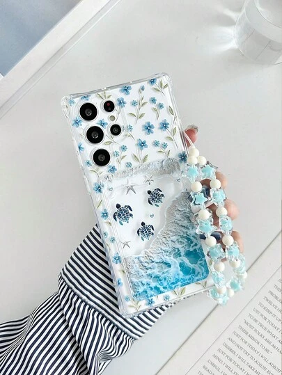 Floral Sea Turtle Painted Transparent Card Holder Silicone Soft Full Coverage Protective Phone Case With Beaded Bracelet Accessory, Compatible With IPhone XR/7/8 And Galaxy,