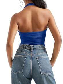 OMKAGI  Women's V-Neck Collarless Short-Sleeved Tank Top Y2K  Streetwear Style Top See-Through Top With Exposed Neckline - 藍色 - 查看 9