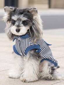 复古条纹狗狗背心，牛仔撞色设计小熊贴片宠物背心，时尚又可爱 - 淺藍色 - 查看 8