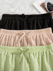 3pcs/Set Girls' Casual Solid Color Pants With Bow Decor Elastic Waistband, Suitable For Spring & Autumn - Green - View 3
