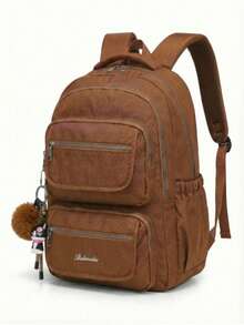 Casual Nylon Backpack With Large Capacity And Cute Charm For School - Brown - View 3