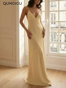 QUNGIGU 女士缎面吊带连衣裙，V领露背系带设计，长款正式晚礼服，适合婚礼宾客、盛大晚宴、新娘送礼会等场合，简约优雅 - 淡黃色 - 查看 2