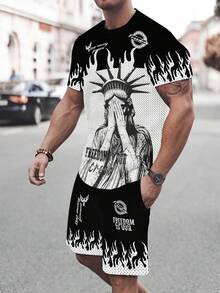 Men's Printed Short Sleeve T-Shirt + Shorts Set, Casual Sportswear, Breathable Outdoor Leisure Men's T-Shirt And Knee-Length Pants Set, Summer Outfit Perfect For Weekend Casual Wear, Running, And Fitness - style - 查看 5