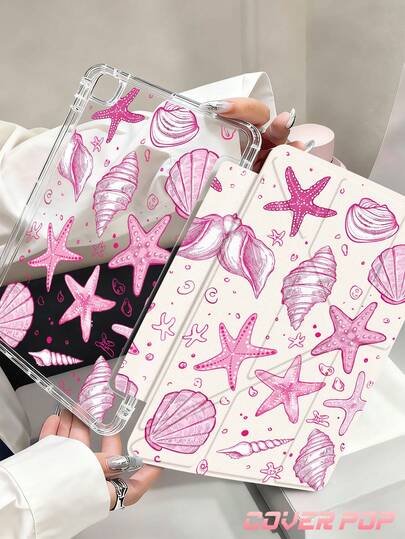 1个粉色海洋元素平板电脑保护套，兼容苹果10.2英寸/11英寸（2020/2021款）、10英寸（2022款，10.9英寸）、（A16）11英寸第11代（2025款）、第9/10代、苹果Air 4代10.9英寸、三星Galaxy Tab S6 Lite 10.4英寸、Kindle（第11代，2024年发布），防摔，带笔槽，支持睡眠/唤醒功能，送给亲朋好友的浪漫礼物