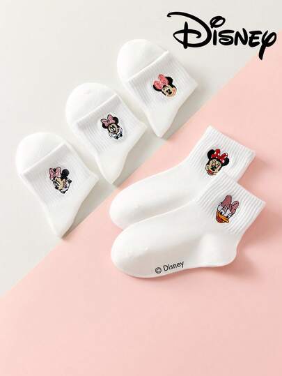  5 Pairs Disney Embroidered Mickey Mouse Family Design Children's Mid-Calf Socks, Adorable Cartoon Disney Patterns, Fashionable Casual Breathable Student Socks, Suitable For Daily Wear, Back To School, Holiday Gifts