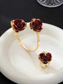 2 pezzi/set Bracciale multistrato floreale bordeaux e anello regolabile, set di gioielli elegante con fiore di rosa di alta qualità, adatto per feste, regalo di San Valentino - Bordò - Visualizzare 1