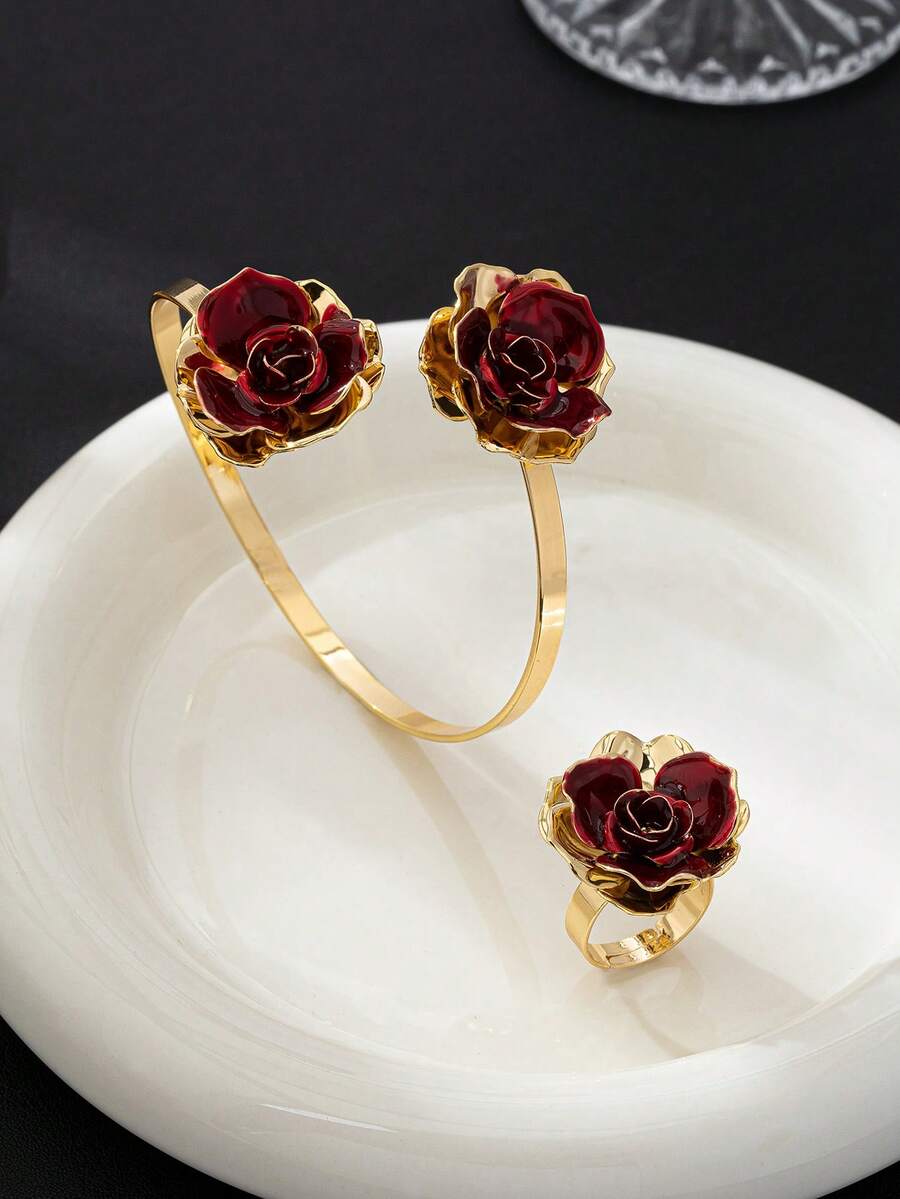 2 pezzi/set Bracciale multistrato floreale bordeaux e anello regolabile, set di gioielli elegante con fiore di rosa di alta qualità, adatto per feste, regalo di San Valentino - Bordò - Visualizzare 1