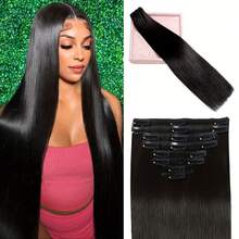 8Pcs Real Human Hair Clip-In Extensions For Women, Invisible & Seamless Double Weft, Natural Straight Remy Hair, #1B - Elegant Style For All Ethnicities, Long & Sleek Look - Natural Black - View 6