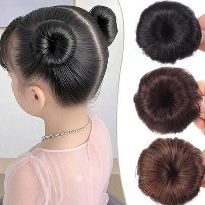 Girl Children's Fake Hair Bun Bangs Wig With Clip Hairband Bangs Chignons Daily Wear Cosplay Hairpieces Accessories Clip In Hair Extensions Bang Double Hair Bun Black Brown Hairpieces For Kid
