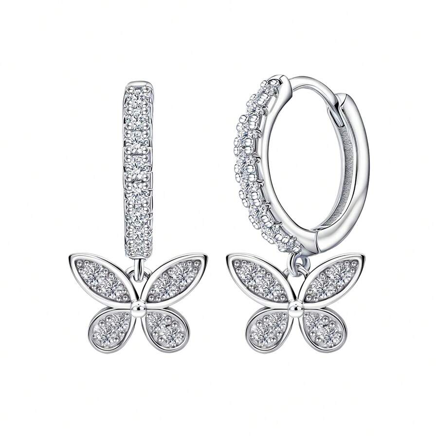 纯银防过敏女士耳环，镶嵌立方氧化锆，蝴蝶造型，时尚精致，生日礼物 - 銀色 - 查看 1