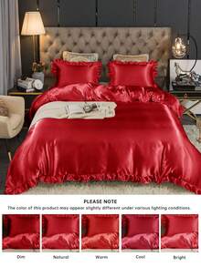 2pcs (1 Duvet Cover + 1 Pillowcase) Or 3pcs (1 Duvet Cover + 2 Pillowcases) Honeymoon Satin Duvet Cover Set, Made Of Lustrous Satin Fabric Duvet Cover And Pillowcase(S) (Comforter Not Included), Silky Soft, Machine Washable, Suitable For Home And Dorm, T/F/Q/K Size, Oeko-Tex Certified, Red - Red - View 9