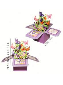 1pc Purple Butterfly 3D Pop-Up Flower Box, Warm Birthday Composite Butterfly Flower Box With Envelope Birthday Card, Friend Birthday Party Gift - Multicolor - View 7