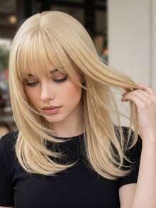 20 Inch Blonde Straight Wig For Women - With Bangs, Premium Synthetic, Adjustable Cap | Daily/Party Styling - Gold - View 1