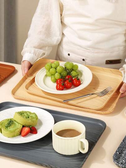 Wooden Grain Plastic Tray, Suitable For Party, Banquet, Camping Display, Reusable And Stackable Rectangular Plastic Tray For Placing Cookies And Cheese