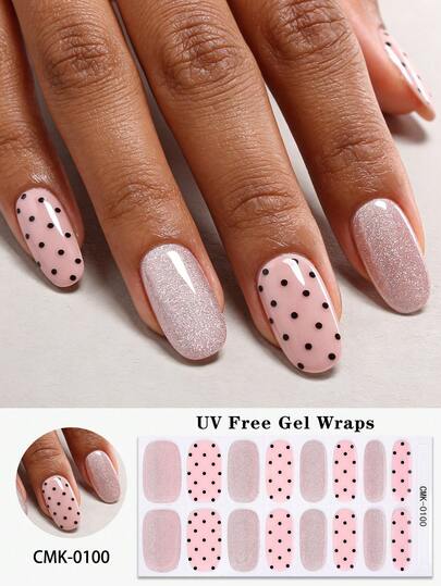 16pcs Spring/Summer Nude Pink Polka Dot UV Free Gel Nail Strips,Silver Glitter Retro Sweet Cool Style Self-Adhesive Nail Full Wraps, Salon Quality, Gel Nail Stickers For Women DIY Nail.