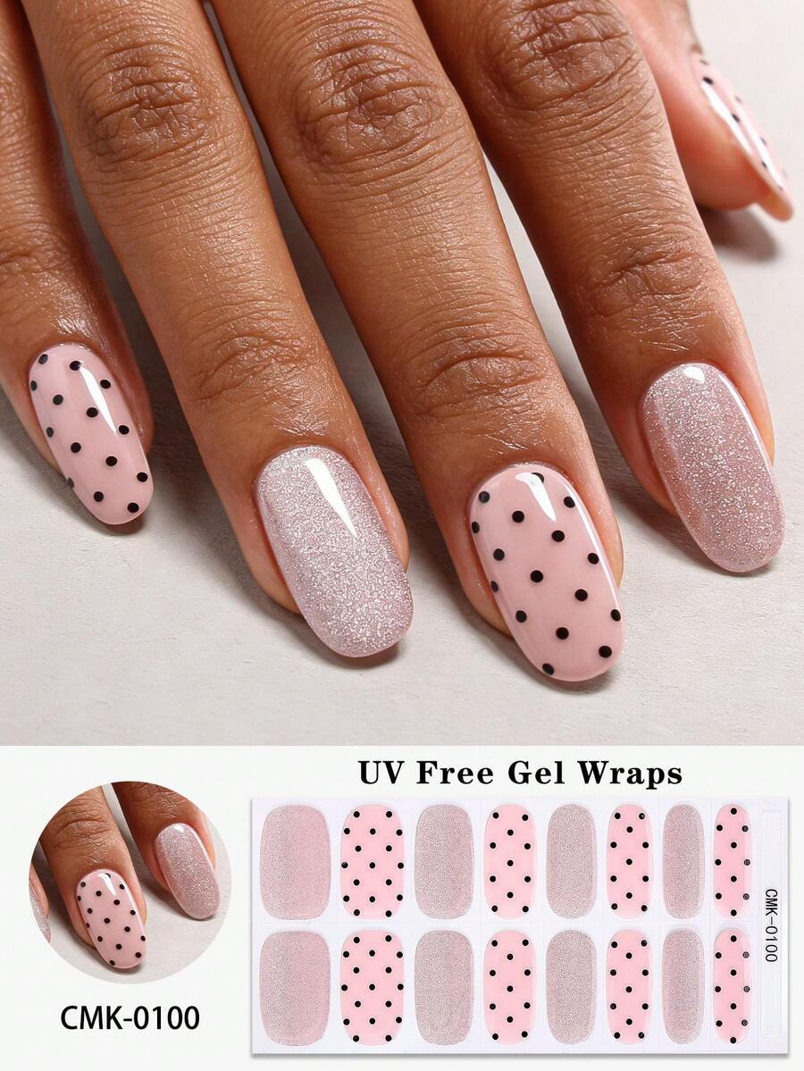 16pcs Spring/Summer Nude Pink Polka Dot UV Free Gel Nail Strips,Silver Glitter Retro Sweet Cool Style Self-Adhesive Nail Full Wraps, Salon Quality, Gel Nail Stickers For Women DIY Nail.