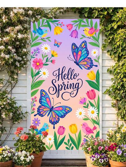 1pc Vertical Spring Polyester Door Banner, Multiple Design Options (Birds & Floral/Pink Bird/Butterflies & Roses) With Floral & Butterfly Accent, Foldable Fade-Resistant Door Hanging Sign For Spring Home Decor Front Porch Decor Spring Home Supplies Spring Gift Spring Party Supplies Photo Booth Prop Living Room Bedroom Kitchen Porch Patio Indoor Outdoor Celebration