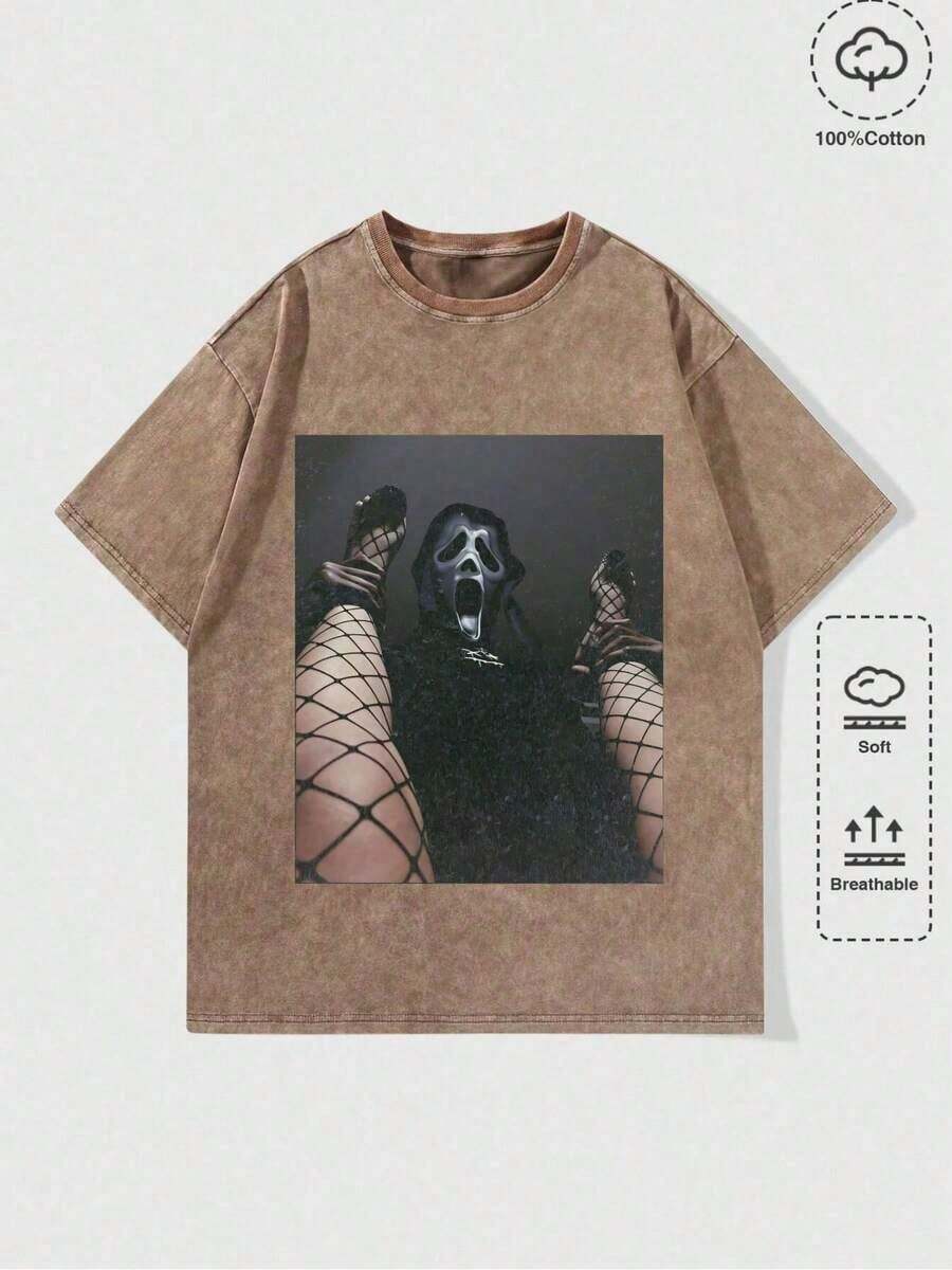 Summer TopsHalloween Retro Washed T-Shirt Scream Ghostface Heart Hands Graphic Tees Water Washing Print T-Shirt, Vintage T-Shirt,Short Sleeves Crew Ne - 咖啡棕 - 查看 1