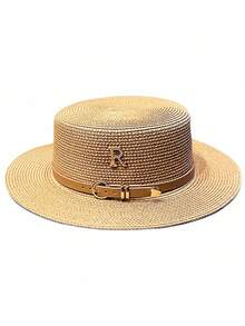 Women's Straw Hat, Summer Travel Vacation Beach R Letter Rhinestone Belt Retro British Style Flat Top Sun Hat, UV Protection, Casual, Polyester, Spring/Summer - Hat - View 16