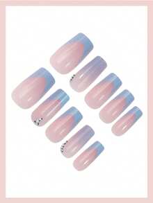24pcs Gradient Blue French Manicure Nail Stickers, Heart Rhinestone Decor, Luxury Full Coverage, Suitable For Women & Girls Daily Wear, Dates, Valentine's Day Press On Nails - Baby Blue - View 3