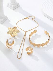 5pcs Gold Feather Flower Bracelet Rings Set, Summer Vacation Style Floral Jewelry Set, Finger To Wrist Chain, Bohemian Style - Multicolor - View 5