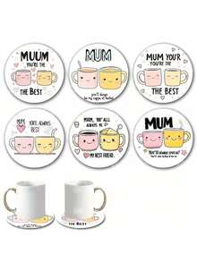 6pcs Wooden Round Coasters, Mother's Day Design "Mom, You're The Best" With Smiling Coffee Cup And Heart Pattern, 10cm Diameter, Heat-Resistant, Perfect Mother's Day Gift For Mom - Multicolor - View 2
