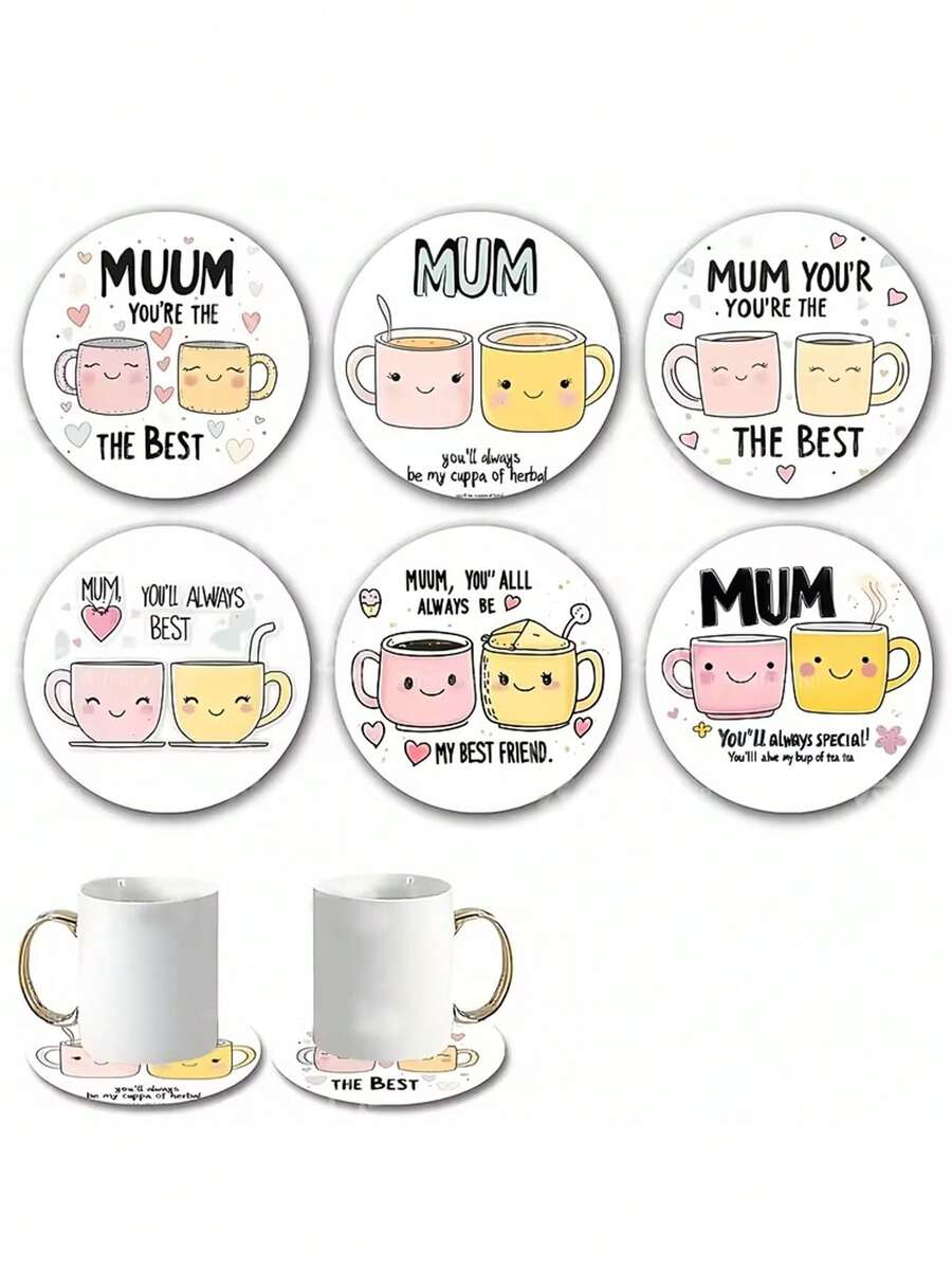 6pcs Wooden Round Coasters, Mother's Day Design "Mom, You're The Best" With Smiling Coffee Cup And Heart Pattern, 10cm Diameter, Heat-Resistant, Perfect Mother's Day Gift For Mom