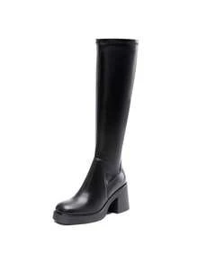 Women's Elastic Knee-High Boots Square Toe Side Zipper Platform Chunky Heel  Comfort Classic Party Solid Color Boots - Black - View 7