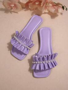 Sandalias planas para mujer, estilo de hada francesa con punta redonda, nuevas sandalias planas de verano 2024 para playa y vacaciones, esencial para vacaciones - Morado - Ver 7