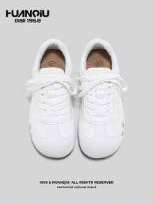 HUANQIU 百搭圆头卡通刺绣小白鞋，小狗兔子图案运动鞋，女士休闲鞋 - 白色 - 查看 4